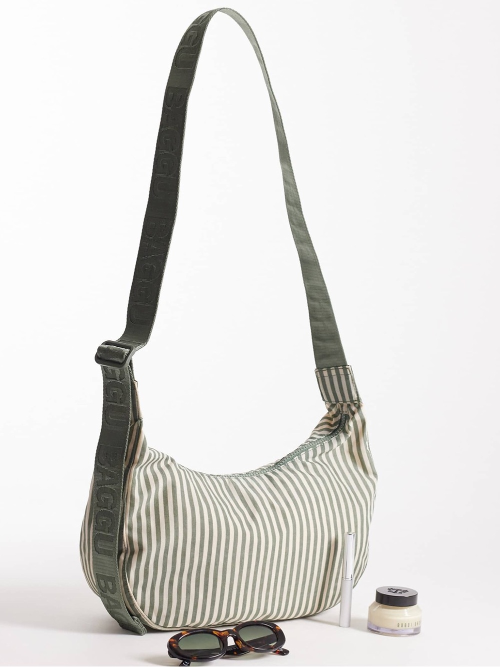Baggu Medium Nylon Crescent Bag in sage stripe